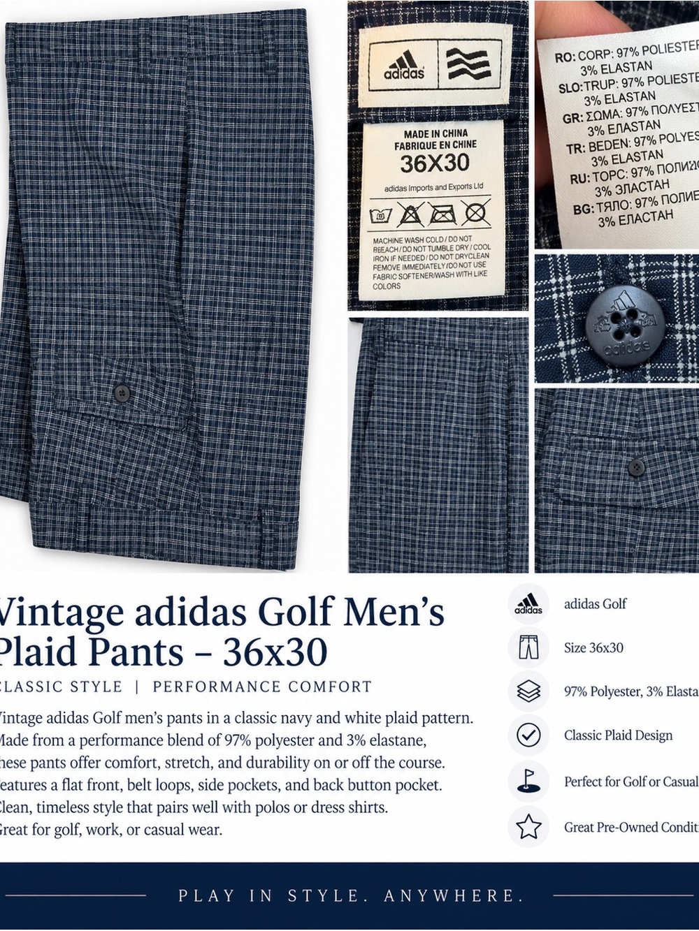 Adidas Golf Men’s Plaid Pants 36x30 Navy NWT Stretch Performance